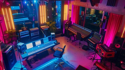 Wall Mural - High-angle view of a modern recording studio with professional soundproof walls, advanced audio equipment, and mixing consoles, highlighting a creative environment for music production