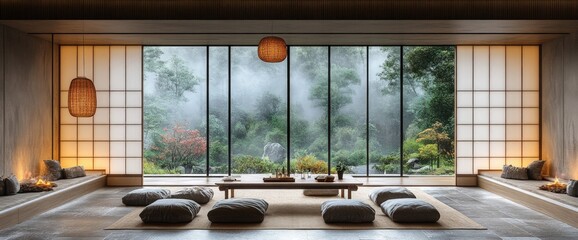 Wall Mural - A serene, modern interior with cushions and a view of a misty garden.