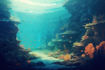 Poster - Underwater sea outdoors aquarium, digital paint illustration.