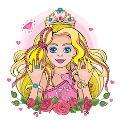 Wall Mural - Modern beautiful princess or supermodel. Cute girl with fashionable hairstyle and pigtails. Isolated illustration for print or sticker. Portrait, floral wreath and rainbow on white background. Vector