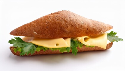 Wall Mural - Sandwich with cheese and greens on a white background.