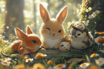 Three Adorable Bunnies in a Forest Clearing