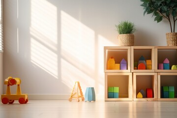 Wall Mural - Toddler playroom furniture shelf toy.