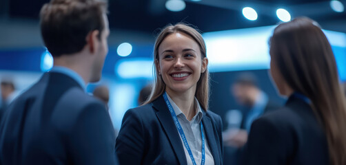 Wall Mural - A lively conversation between three suited professionals at a trade fair, their staff lanyards visible, reflecting the collaborative and laid-back nature of corporate networking events.