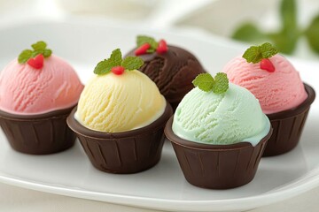 Delicious ice cream scoops with colorful flavors served in chocolate cups, perfect for summer desserts and celebrations.