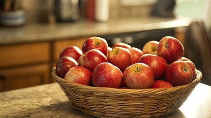 A basket full of ripe red apples sitting on a kitchen counter, ready to be used for baking or snacking in a cozy home setting