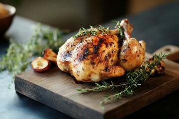 Isolated whole roasted chicken with vegetables on a white plate