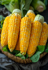 Wall Mural - A basket of corn is sitting on a table with green leaves. The corn is yellow and white, and it looks fresh and healthy