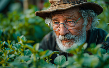 Wall Mural - A man with a hat and glasses is looking at the camera. He is surrounded by green plants