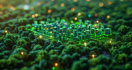 A cityscape is shown in a green forest with a glowing city in the background. The city is surrounded by trees and has a futuristic feel to it