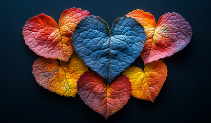 Wall Mural - A collection of colorful leaves arranged in the shape of a heart. The leaves are of different colors and sizes, creating a vibrant and lively scene