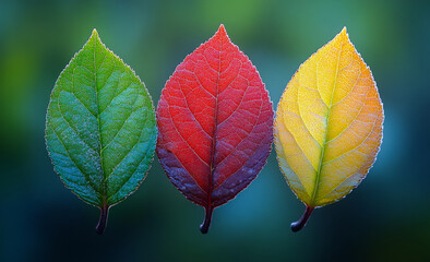 Wall Mural - Three leaves of different colors are shown in a photo. The leaves are green, red, and yellow. The photo has a calm and peaceful mood