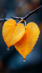 Wall Mural - Two leaves with raindrops on them, one is orange and the other is yellow