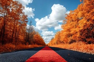 Sticker - Red Road Through Autumn Forest Landscape