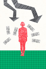 Poster - Vertical poster collage woman silhouette banknotes money cash finance arrows recession direction bankruptcy loss checkered background