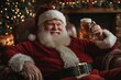 © Milos - Santa Claus, seated comfortably in a holiday setting, holds a large mug of beer, surrounded by festive Christmas decorations and glowing lights, embodying relaxation and festive cheer.