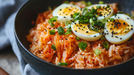 This salad is a healthy and delicious way to enjoy rice, kimchi, and a boiled egg. It's easy to make and perfect for a light lunch or brunch.