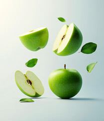 Wall Mural - Green apple slices flying on a white background, 