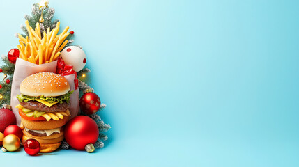 Poster - festive display of a burger and fries next to Christmas ornaments and a decorated tree, set against a cheerful light blue background. banner