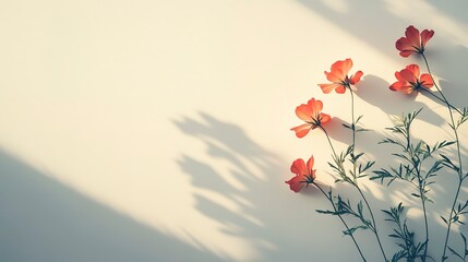 Poster - Flower shadows on white wall Neutral natural background with space for text Blurred overlay effect for design 