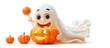 © Waraporn - Smiling Ghost and Carved Pumpkins for Halloween Spooky and Cute Halloween with Funny Ghost Character and Jack o Lanterns  Seasonal Autumnal Imagery for Holiday Festivity
