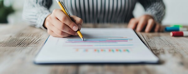 A close-up of a person analyzing data on a sheet of paper, using a pencil and surrounded by colorful markers for presentation.