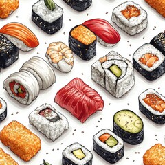 Sticker - Sushi Seamless Pattern.