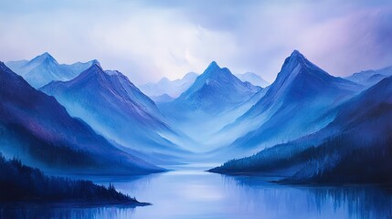 Poster - Majestic Mountain Panorama Layers of Blue and Purple Hues Evoking Tranquility and Natural Serenity