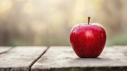 A single red apple sitting on a rustic wooden table with a soft, blurred background, highlighting its simplicity and natural beauty