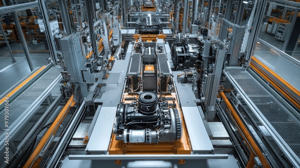 An overhead view of the EV drivetrain assembly line, where electric ...