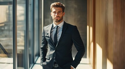 A stylish businessman in a dark suit, standing confidently with his hands in his pockets in a minimalist office space