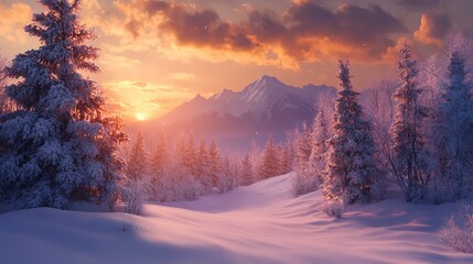 Poster - Snow-Covered Mountain Forest with Golden Clouds at Sunset, winter landscape, mountain scenery, snowy forest, sunrise