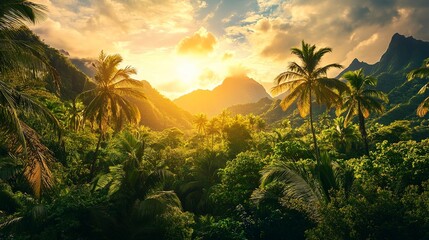 Wall Mural - Lush tropical mountains with vibrant palm trees under a dramatic sky in a remote paradise 