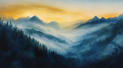 Wall Mural - Misty Mountain Range at Dawn