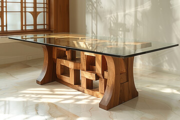 Poster - A modern, glass-topped wooden table with exposed joints, blending transparency and solidity,