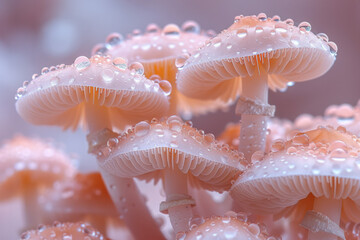 Aufkleber - Close-up of tiny, pure white porcelain mushrooms with delicate caps, catching the light beautifully,