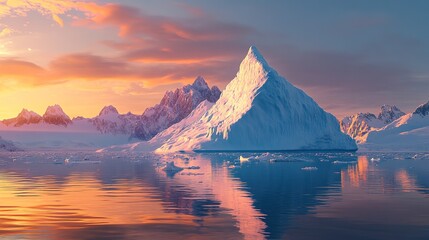 Wall Mural - Dramatic iceberg rises from a snow-capped mountain range, casting a long shadow on the icy landscape 