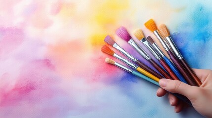 Wall Mural - A person holding a paint brush in their hand over watercolor background, AI