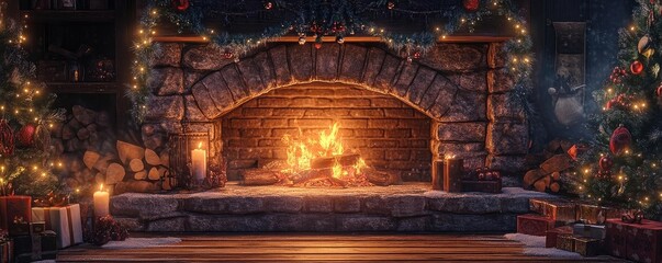 Wall Mural - Cozy fireplace scene adorned with Christmas decorations, glowing fire, and beautifully wrapped gifts, creating a warm holiday ambiance.