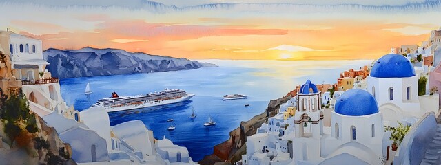 Watercolor painting of a sunset in Santorini, with cruise ships at sea