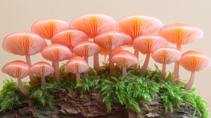 Aufkleber - A collection of small, pinkish-red cup mushrooms growing in a tight bunch on a piece of moss-covered bark,
