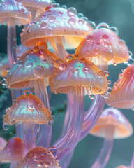 Poster - A bunch of unique, iridescent mushrooms with a multicolored sheen, clustered closely together,