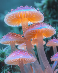 Poster - A bunch of unique, iridescent mushrooms with a multicolored sheen, clustered closely together,