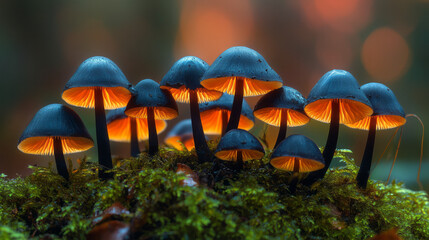 Poster - A bunch of small, velvety black mushrooms with soft, glowing edges, clustered on a mossy surface,