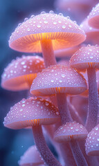 Poster - A macro shot of mushrooms with a soft, creamy texture and rounded caps, softly glowing,