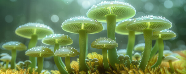 Poster - A cluster of bright, neon green mushrooms with a glowing effect, resembling a bioluminescent phenomenon,