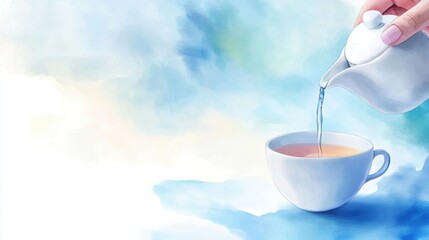 Canvas Print - A person pouring tea into a cup with water coming out of it, AI