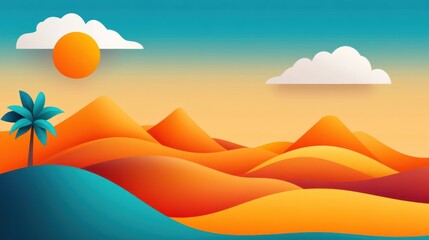 Poster - A cartoon style landscape with a palm tree and mountains, AI