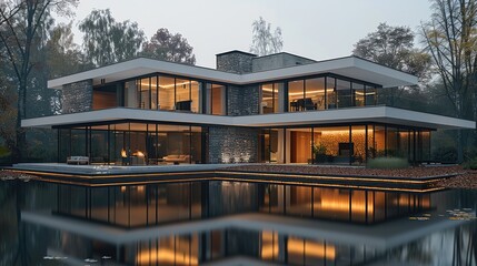 Leinwandbilder - Architecture minimalist, reflection, stone, nature, large estate house. Generative AI.