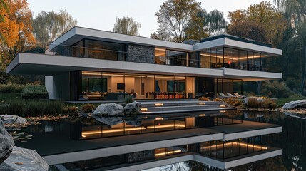 Leinwandbilder - Architecture minimalist, reflection, stone, nature, large estate house. Generative AI.